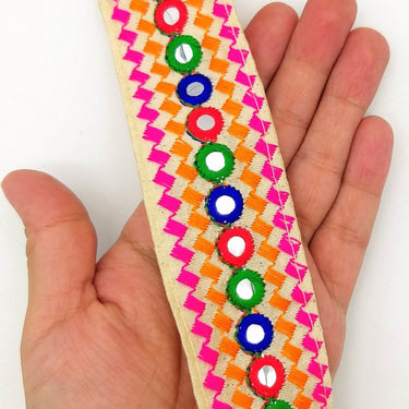 Beige Multicoloured Indian Mirror Trim, Kutch Embroidered Navratri Garba Dress Trim Bridal Lace, Indian Sari Border 38 mm Wide Trim Per Yard